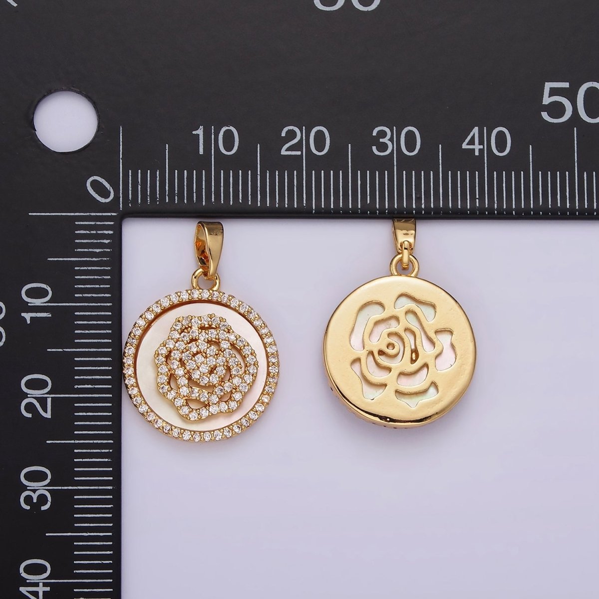 14K Gold Filled Rose Flower Shell Pearl Micro Paved CZ Round Pendant | AH053