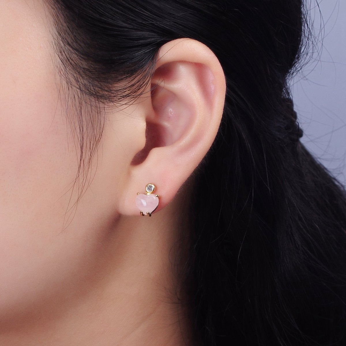 14K Gold Filled Rose Quartz Heart Clear CZ Drop Stud Earrings | AE985