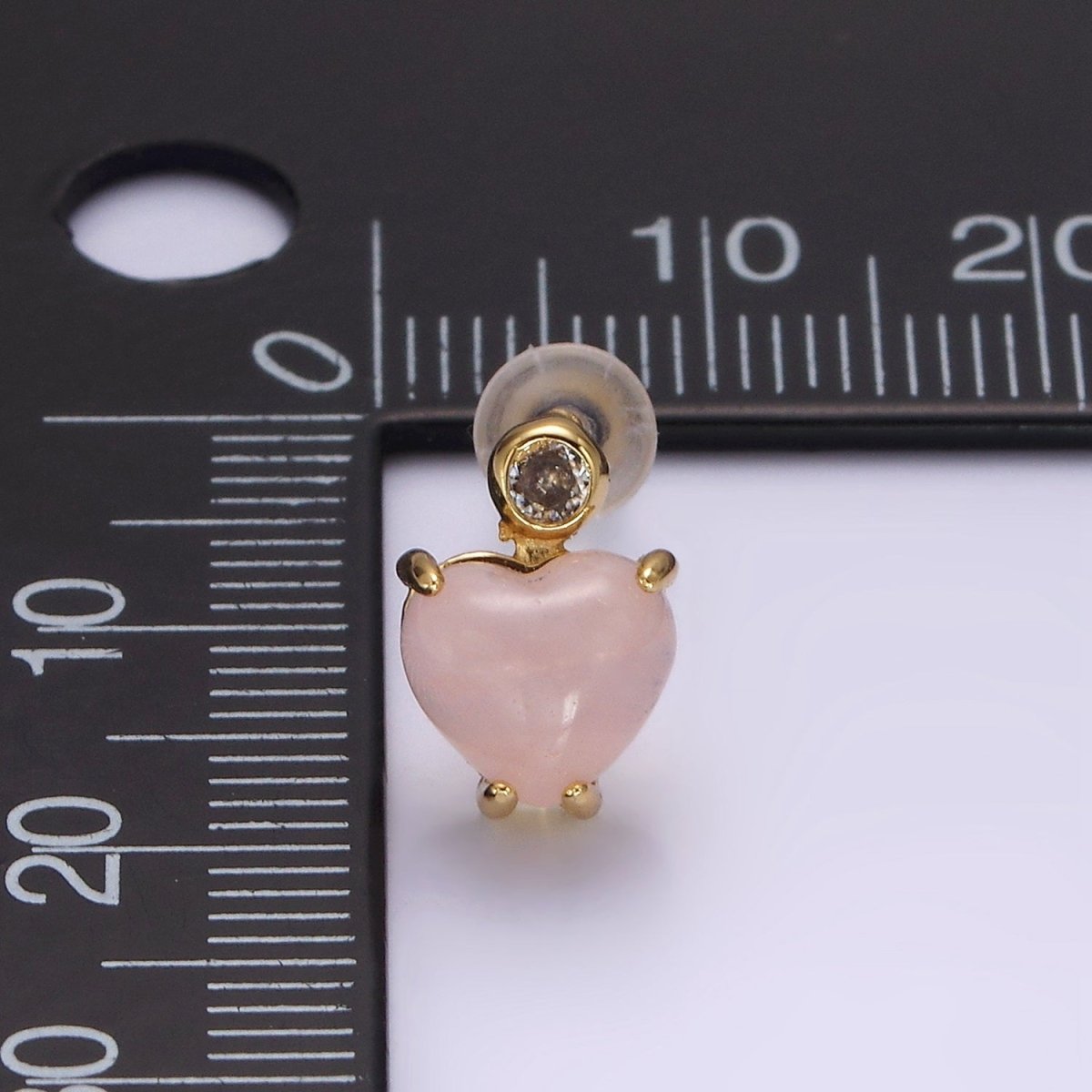 14K Gold Filled Rose Quartz Heart Clear CZ Drop Stud Earrings | AE985