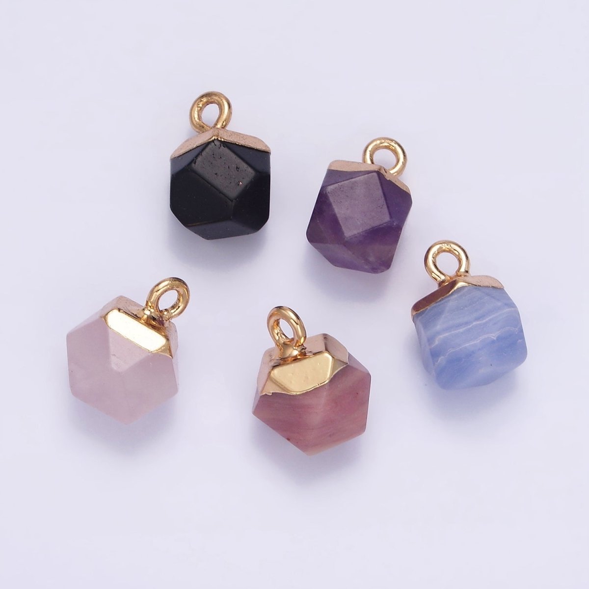 14K Gold Filled Rose Quartz, Onyx, Blue Lace Agate, Rhodonite, Amethyst Multifaceted Round Charm | N1713 - N1717