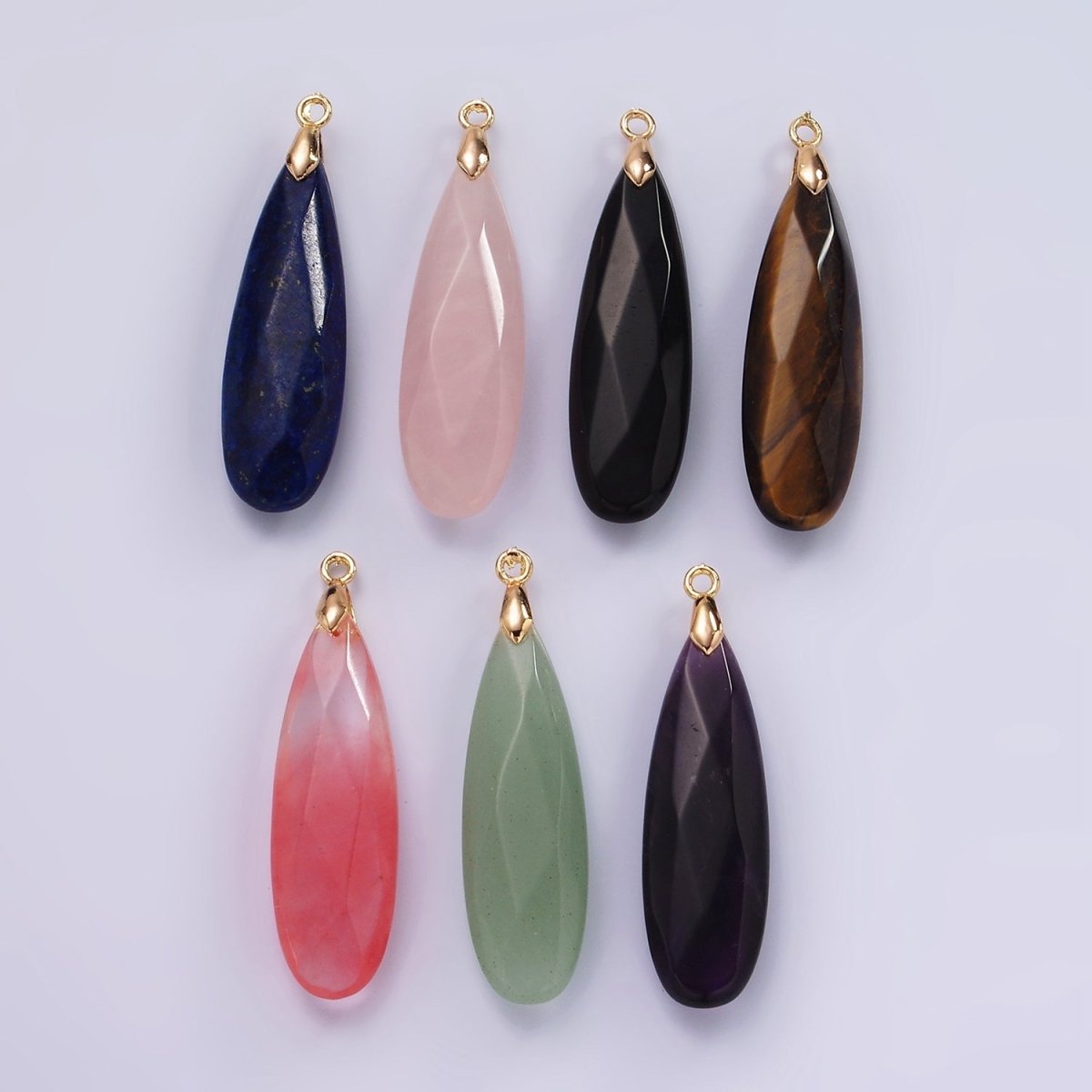 14K Gold Filled Rose Quartz, Tourmaline, Aventurine, Lapis Lazuli, Tiger Eye, Amethyst, Onyx Teardrop Multifaceted Charm | AG471 - AG477