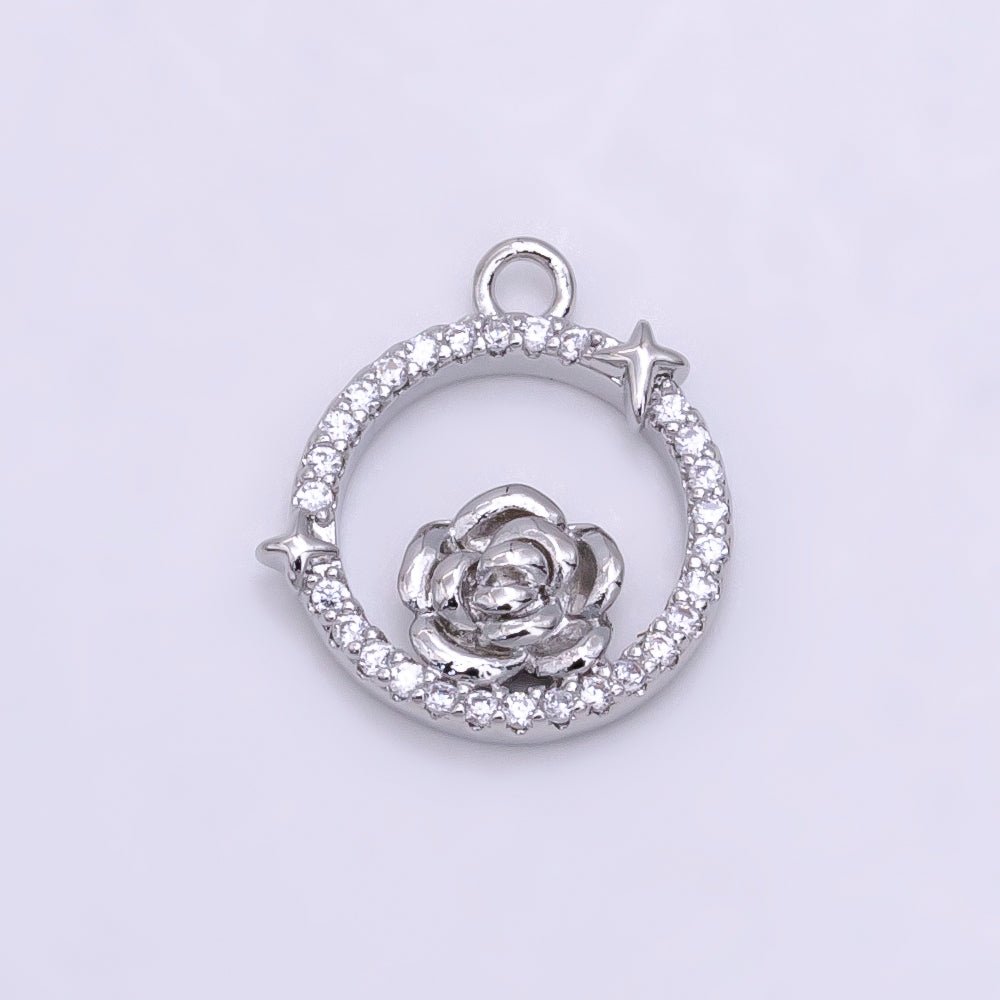 14K Gold Filled Rose Star Open Micro Paved Round Charm in Gold & Silver | W469 W470
