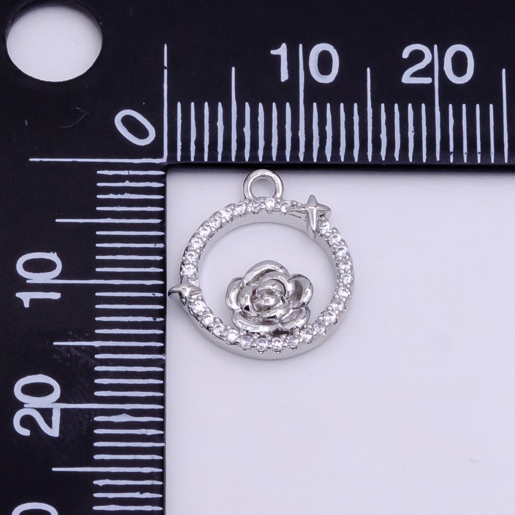 14K Gold Filled Rose Star Open Micro Paved Round Charm in Gold & Silver | W469 W470