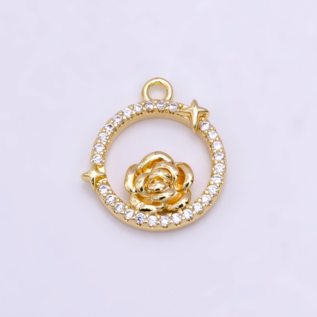 14K Gold Filled Rose Star Open Micro Paved Round Charm in Gold & Silver | W469 W470
