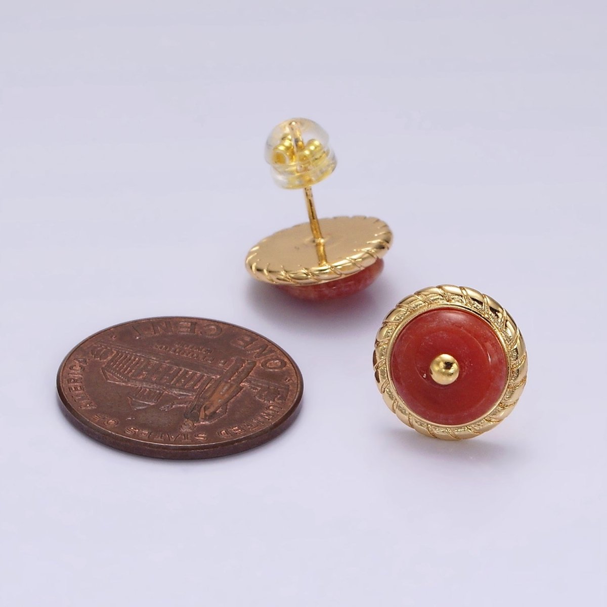 14K Gold Filled Round Aventurine, Smokey Quartz, Unakite, Carnelian Bezel Stud Earrings | V-051 - V-054