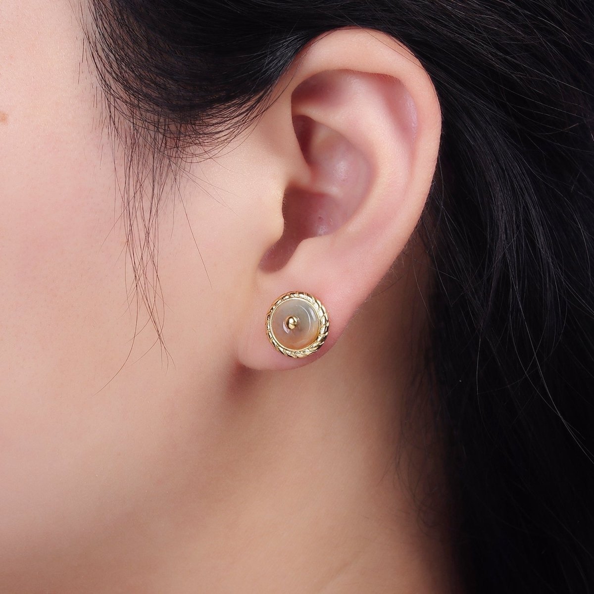 14K Gold Filled Round Aventurine, Smokey Quartz, Unakite, Carnelian Bezel Stud Earrings | V-051 - V-054