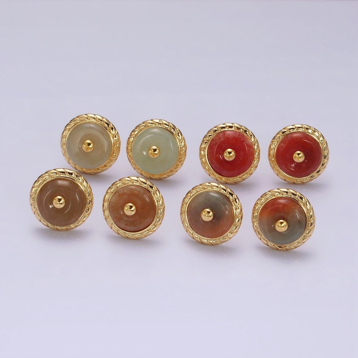 14K Gold Filled Round Aventurine, Smokey Quartz, Unakite, Carnelian Bezel Stud Earrings | V-051 - V-054