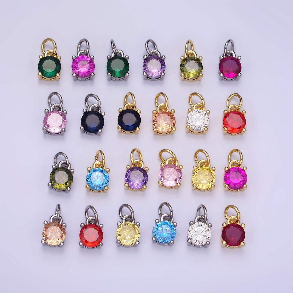 14K Gold Filled Round Birthstone CZ Solitaire Charm in Gold & Silver | W509 - W520