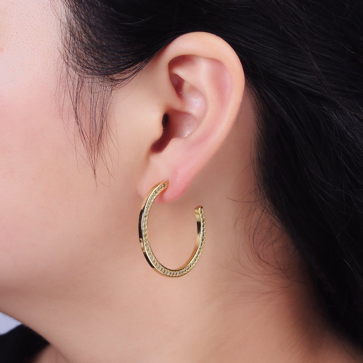 14K Gold Filled Round Clear CZ Lined 35mm C-Shaped Hoop Earrings | AE098