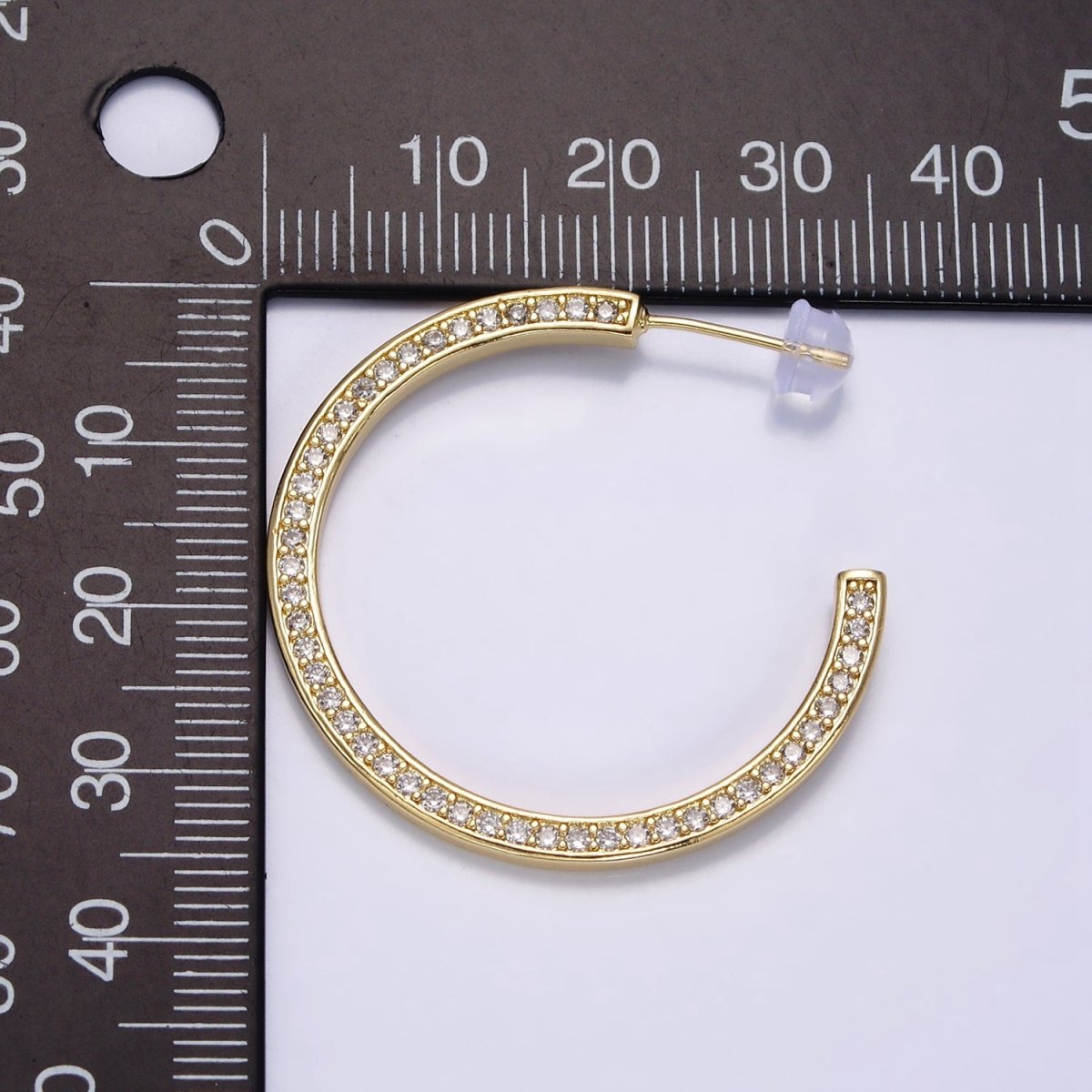 14K Gold Filled Round Clear CZ Lined 35mm C-Shaped Hoop Earrings | AE098