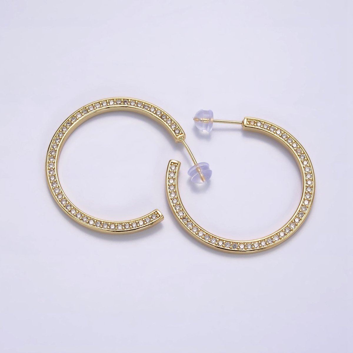 14K Gold Filled Round Clear CZ Lined 35mm C-Shaped Hoop Earrings | AE098
