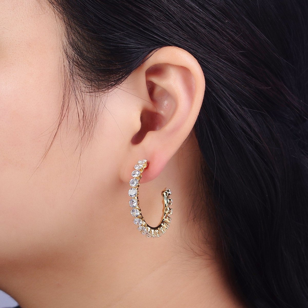 14K Gold Filled Round Clear CZ Lined C-Shaped 36mm Hoop Earrings | AB157