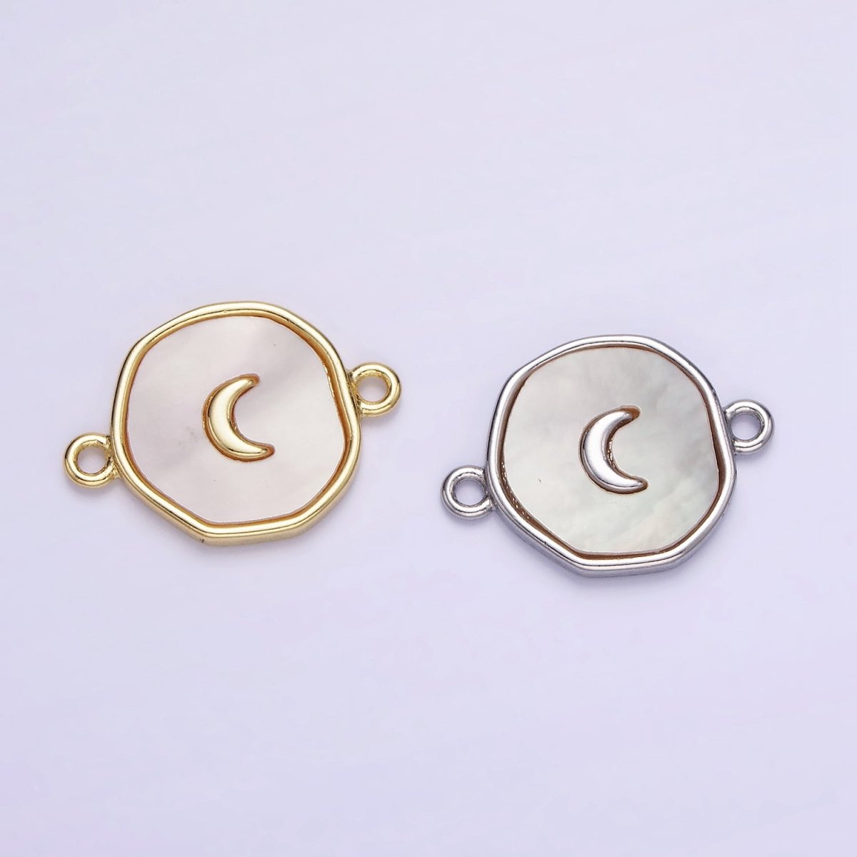 14K Gold Filled Round Coin Crescent Moon Charm Connector Shell Pearl Link Connector | G285