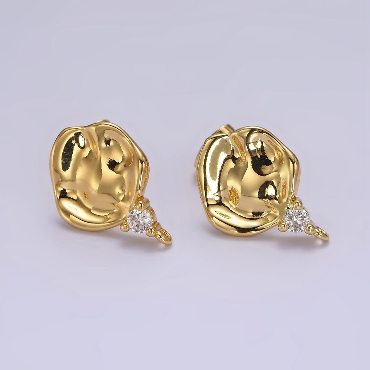 14K Gold Filled Round Hammered Clear CZ Drop Open Loop Stud Earrings Findings Supply | Z602