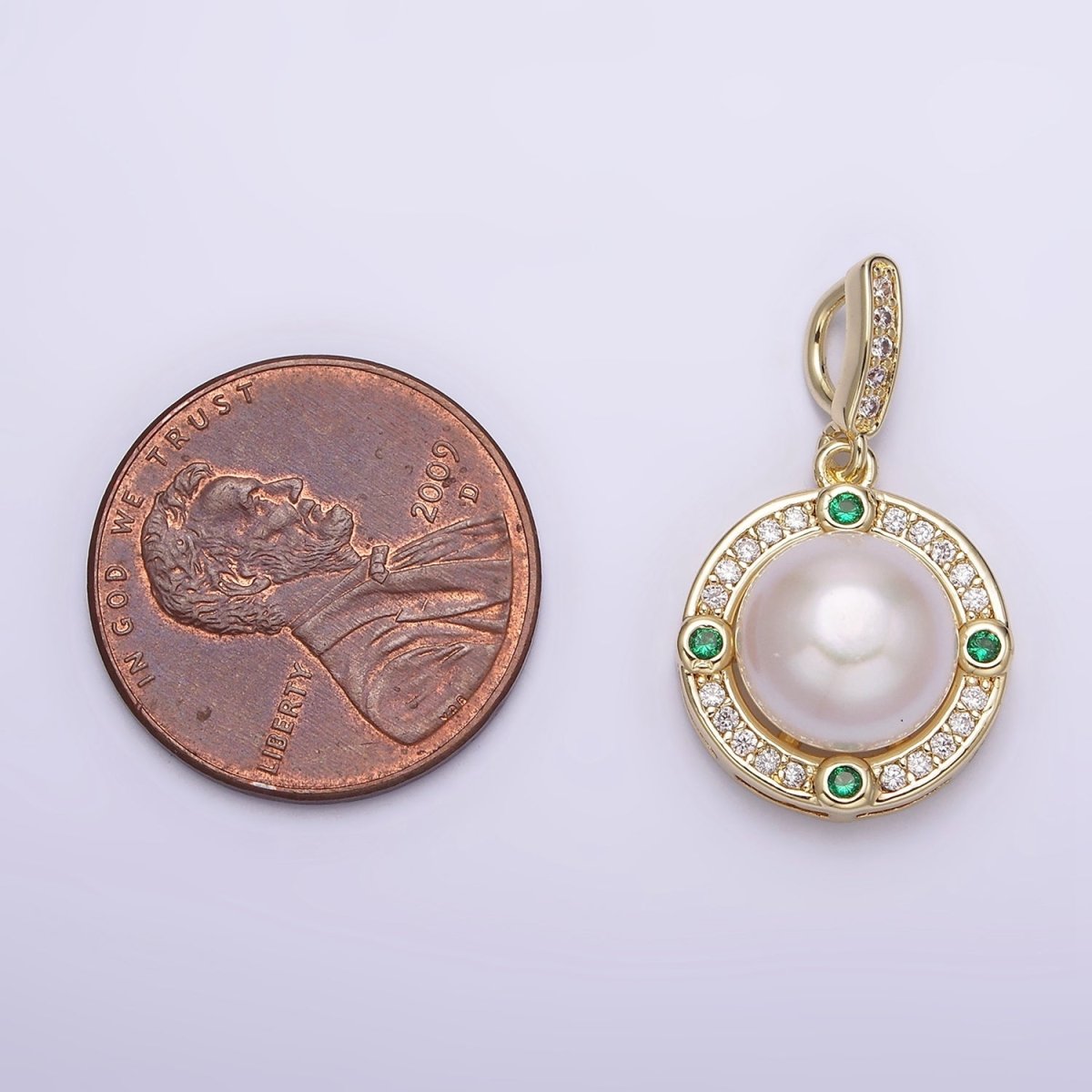 14K Gold Filled Round Shell Pearl Green CZ Clear Micro Paved CZ Bail Pendant | AA631