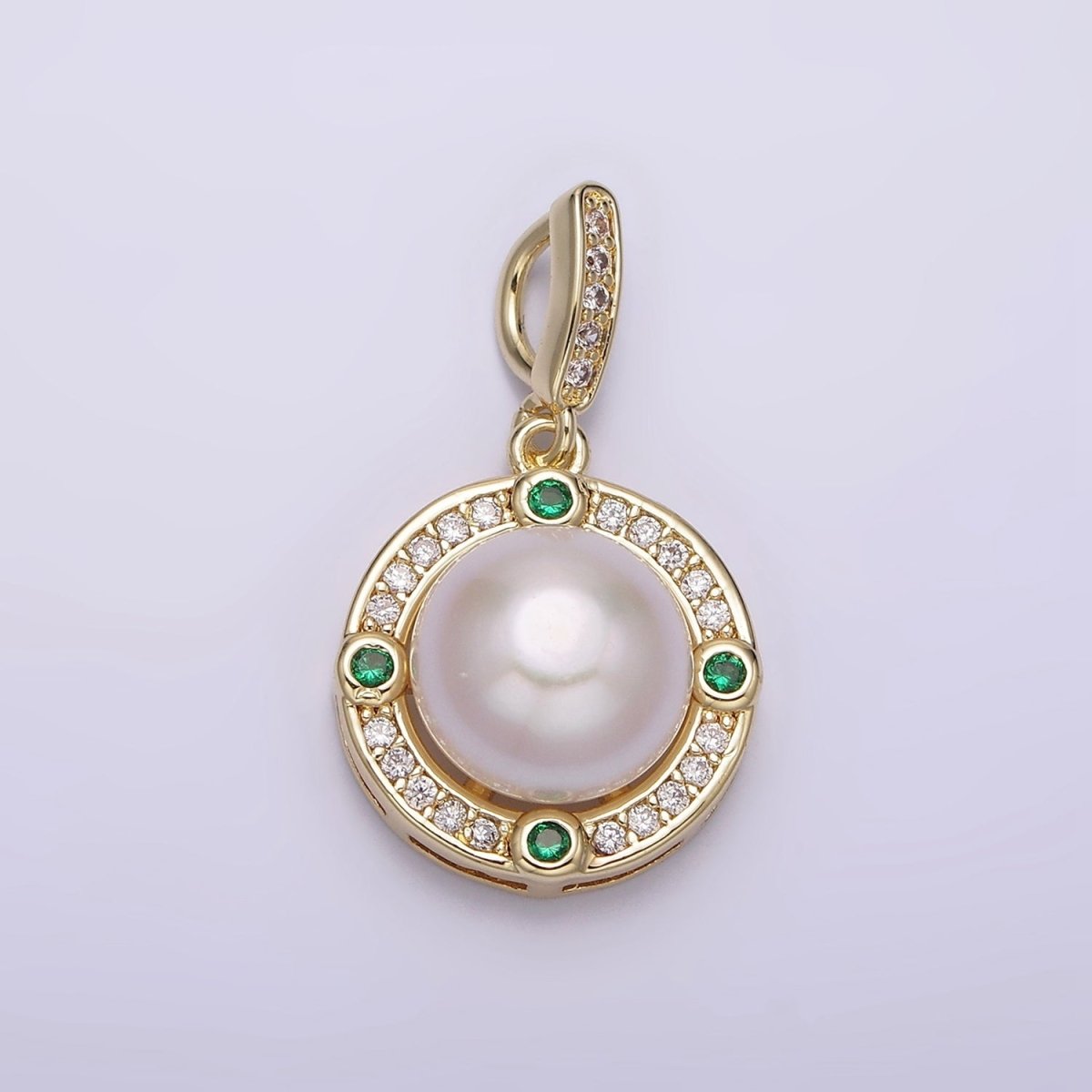 14K Gold Filled Round Shell Pearl Green CZ Clear Micro Paved CZ Bail Pendant | AA631