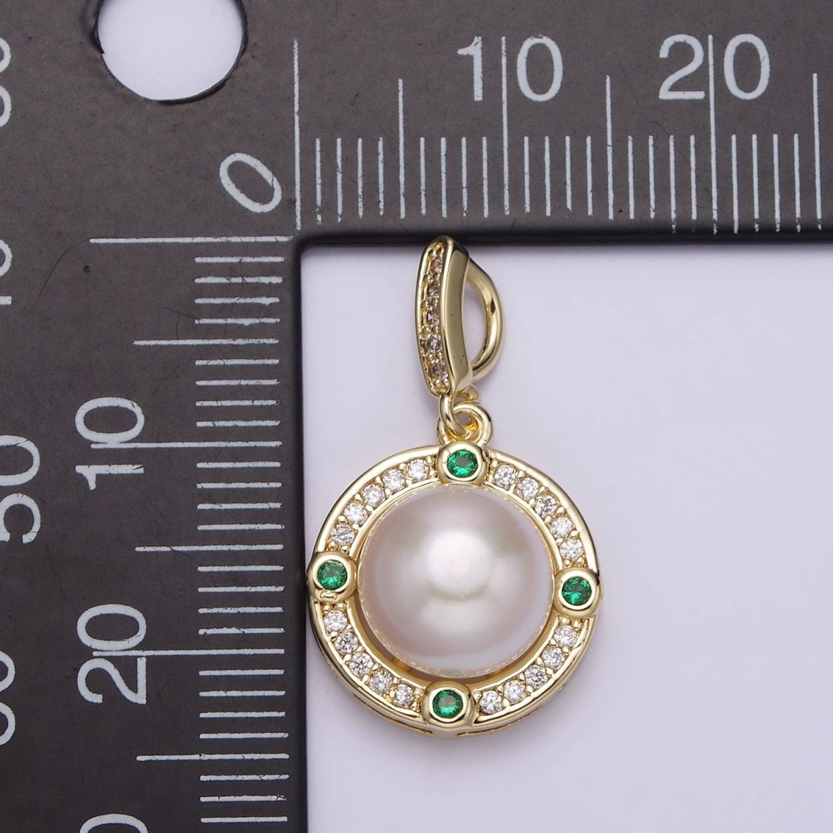 14K Gold Filled Round Shell Pearl Green CZ Clear Micro Paved CZ Bail Pendant | AA631