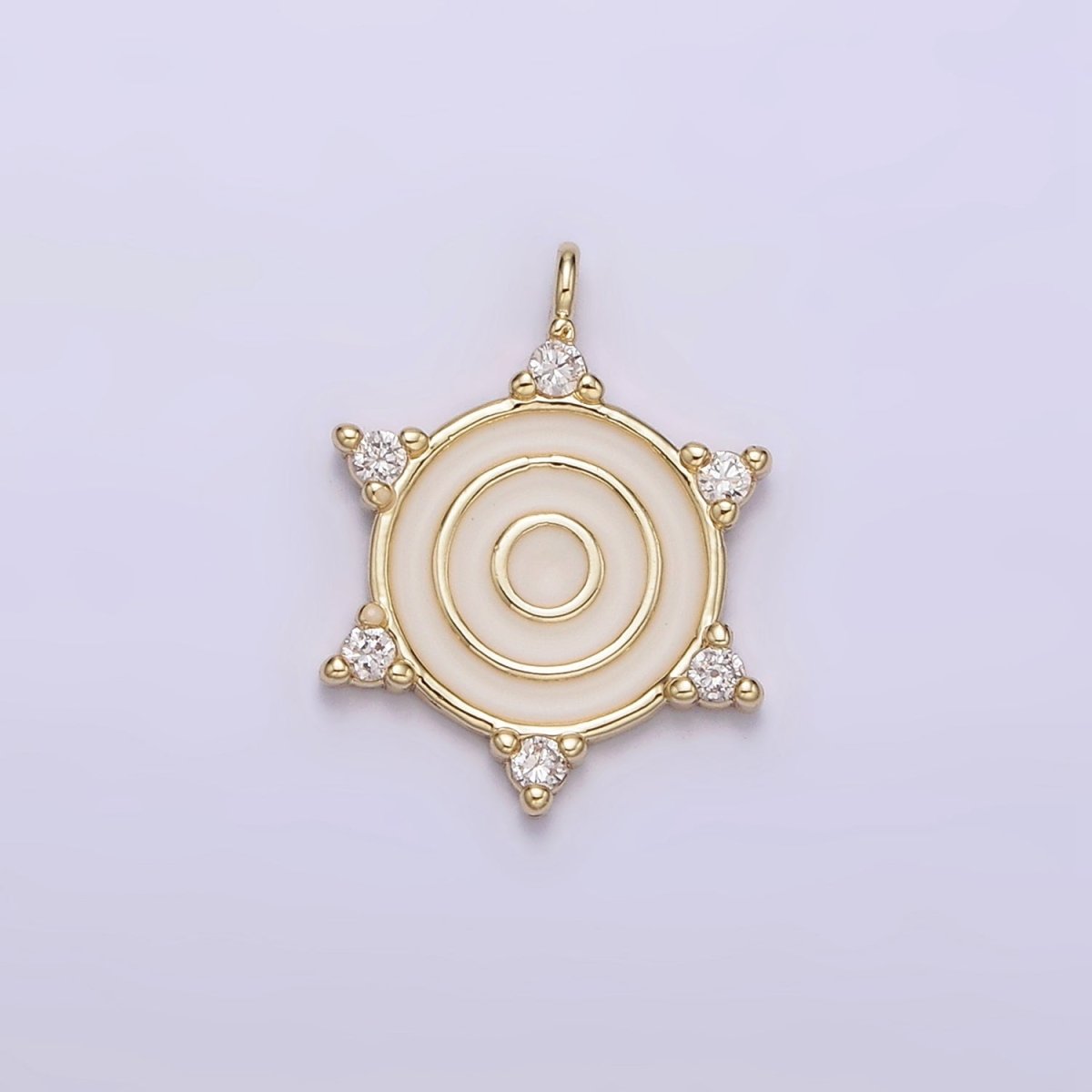 14K Gold Filled Round White Enamel Clear CZ Dotted Outline Charm | N1016