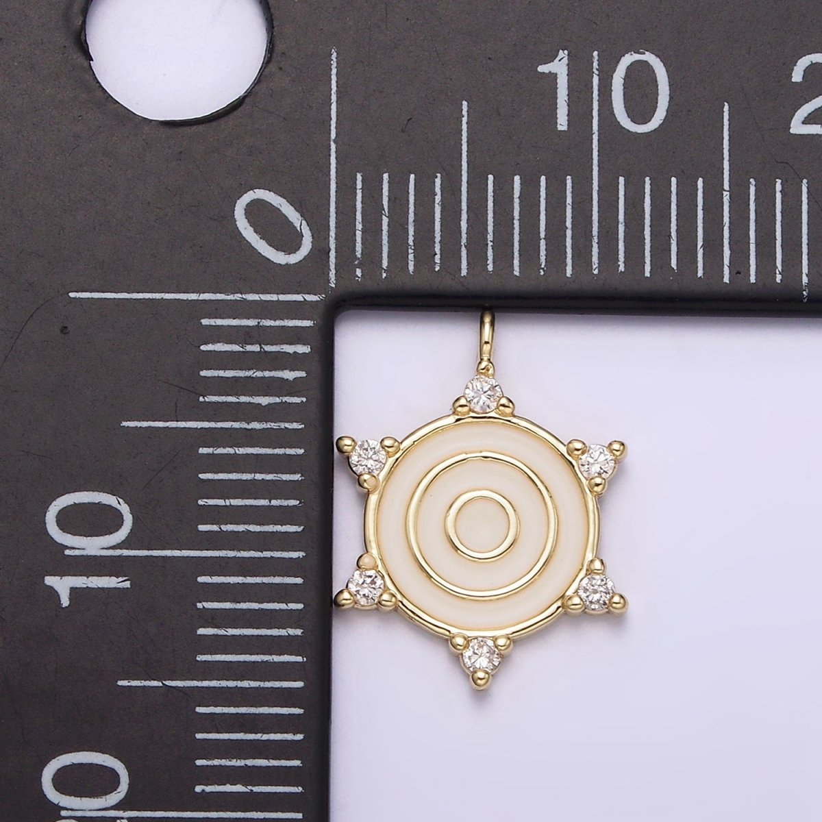 14K Gold Filled Round White Enamel Clear CZ Dotted Outline Charm | N1016