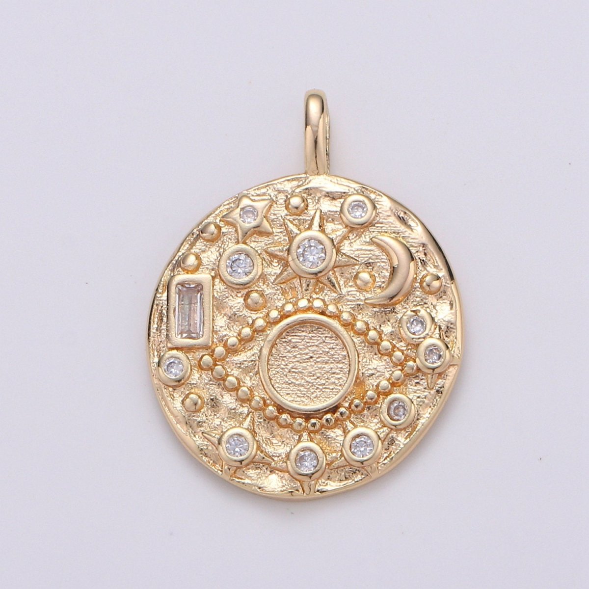 14K Gold Filled Rustic Dainty Evil Eye Charm with Micro Pave Cubic Zirconia CZ Stone for Celestial Moon Necklace or Earring Supply D-219 to D-220