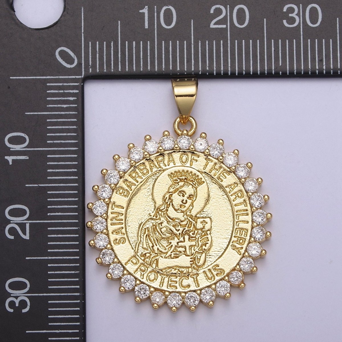 14K Gold Filled Saint Barbara Round Religious Medallion Pendant Micro Pave Religious necklace Charm H-924