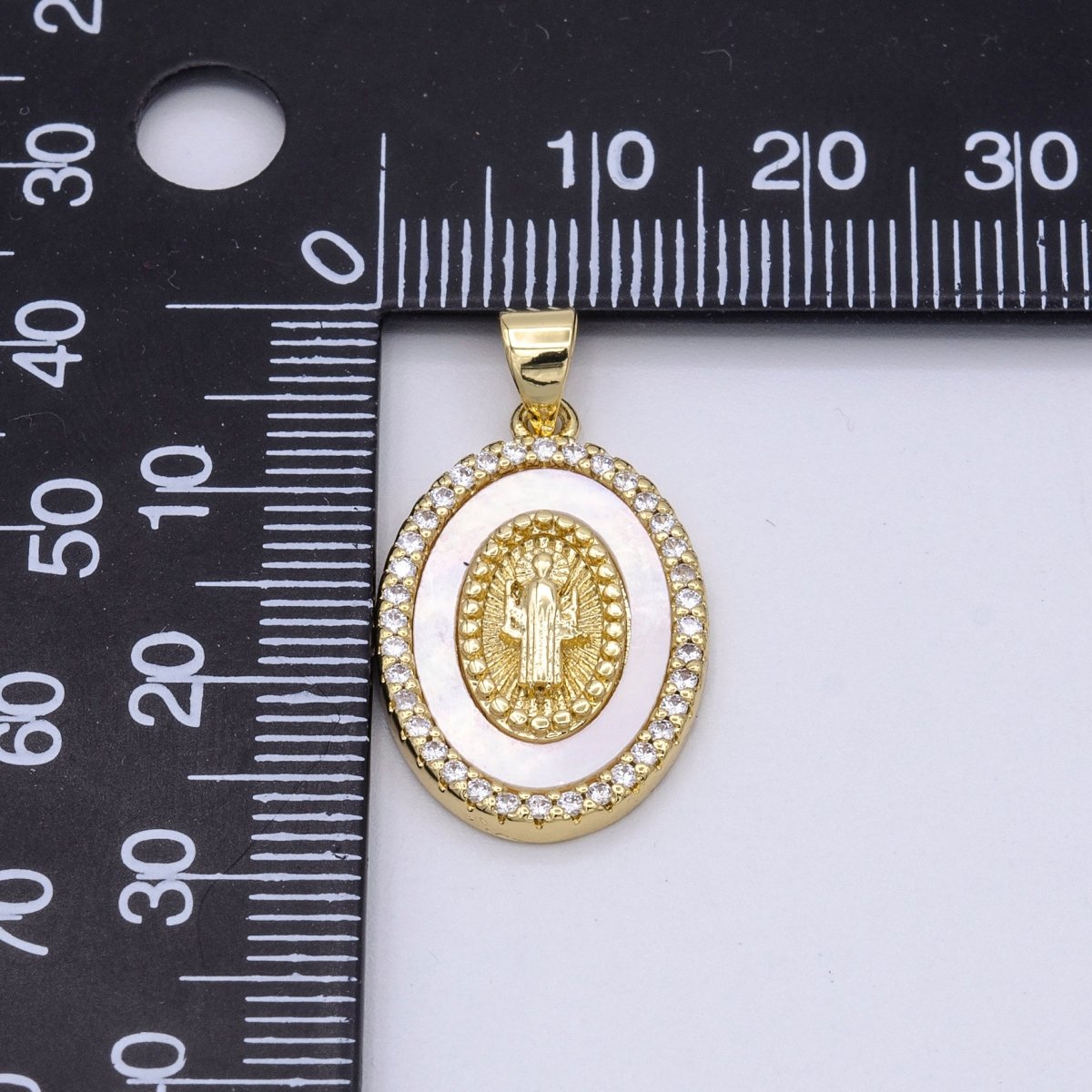 14K Gold Filled Saint Benedict Religious Oval Pearl Micro Paved CZ Pendant | AA428