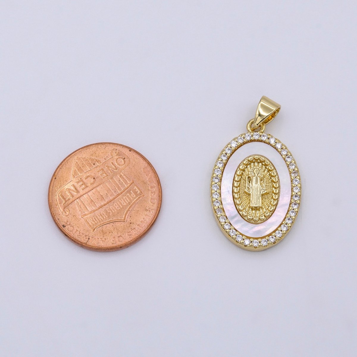 14K Gold Filled Saint Benedict Religious Oval Pearl Micro Paved CZ Pendant | AA428