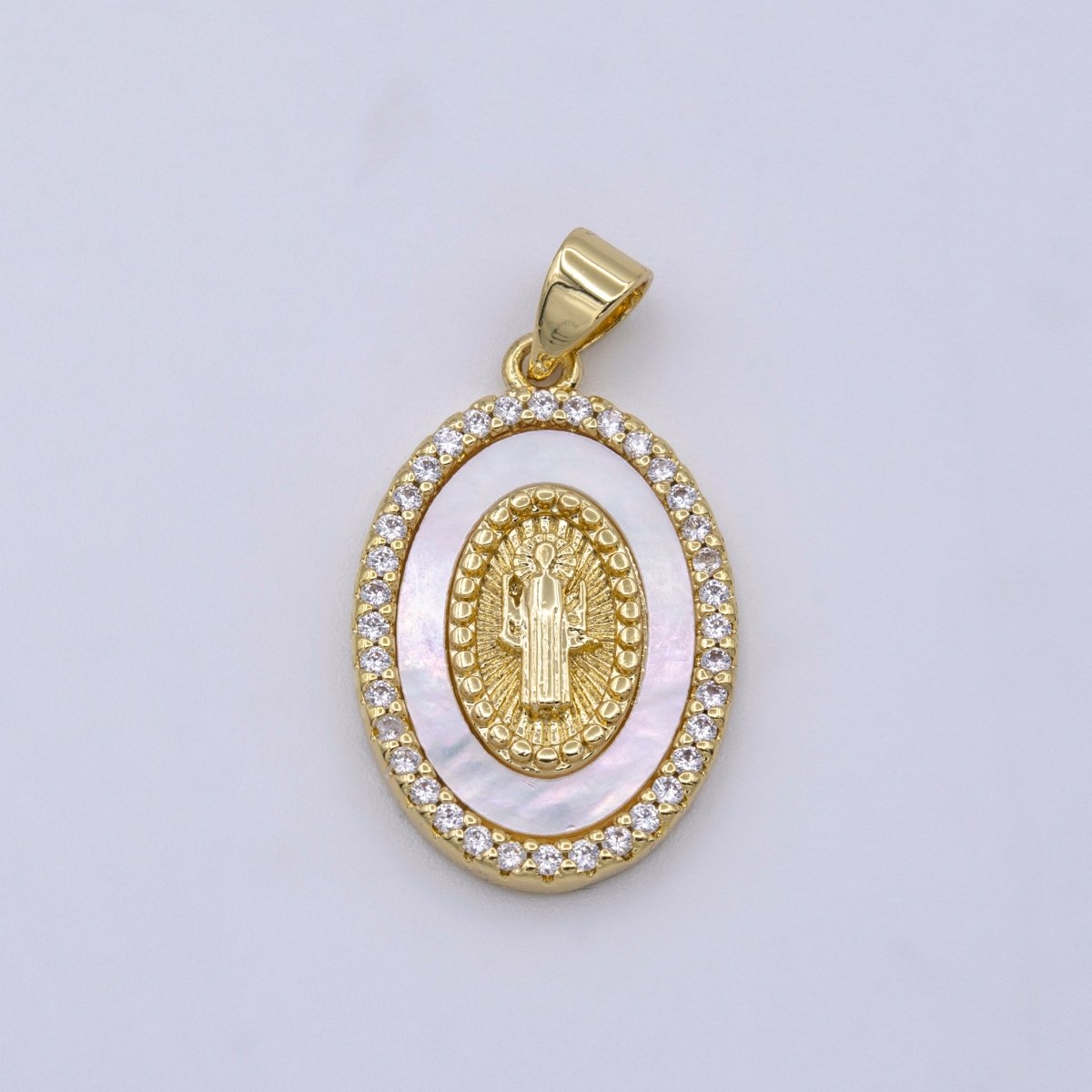 14K Gold Filled Saint Benedict Religious Oval Pearl Micro Paved CZ Pendant | AA428