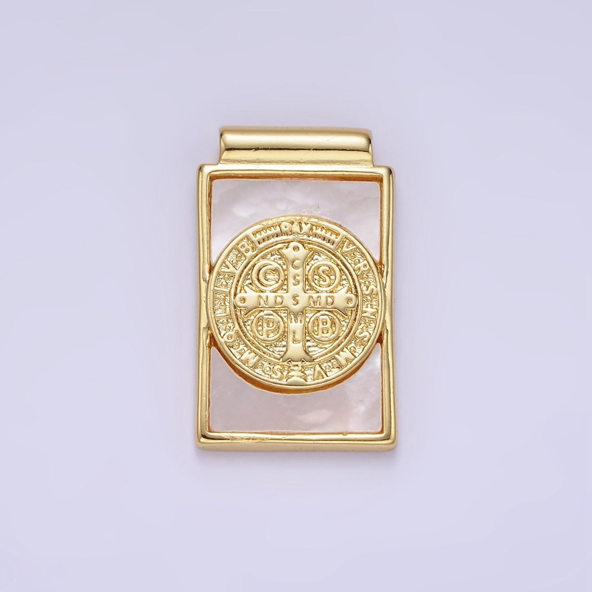 14K Gold Filled Saint Benedict SMQLIVB PAX VRSNSMV Shell Pearl Rectangle Pendant | AH156