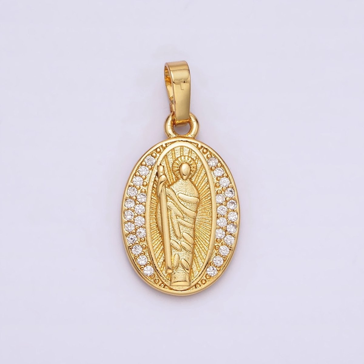 14K Gold Filled Saint Jude Clear Micro Pave Sunburst Oval Pendant | AA608
