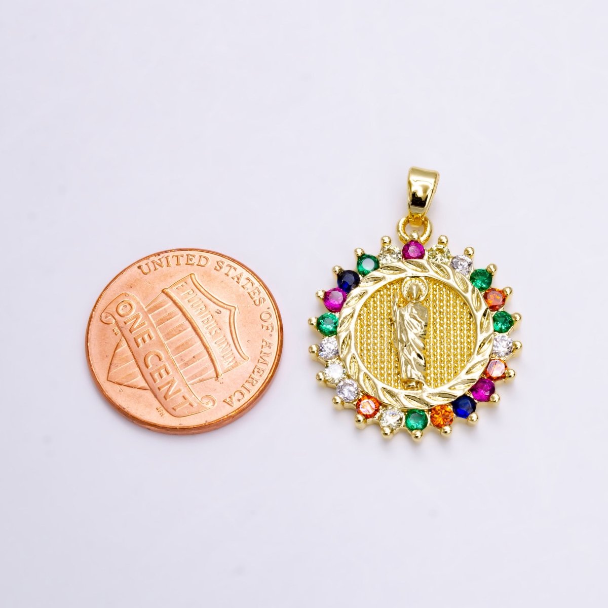 14K Gold Filled Saint Jude Dotted Dented Multicolor CZ Round Pendant | N1460