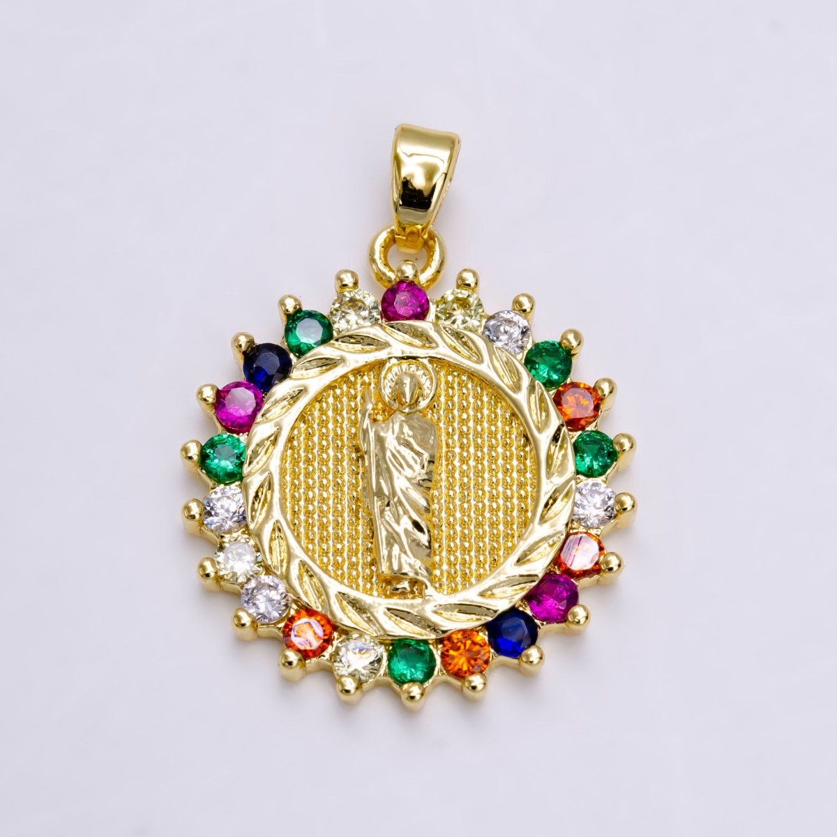 14K Gold Filled Saint Jude Dotted Dented Multicolor CZ Round Pendant | N1460