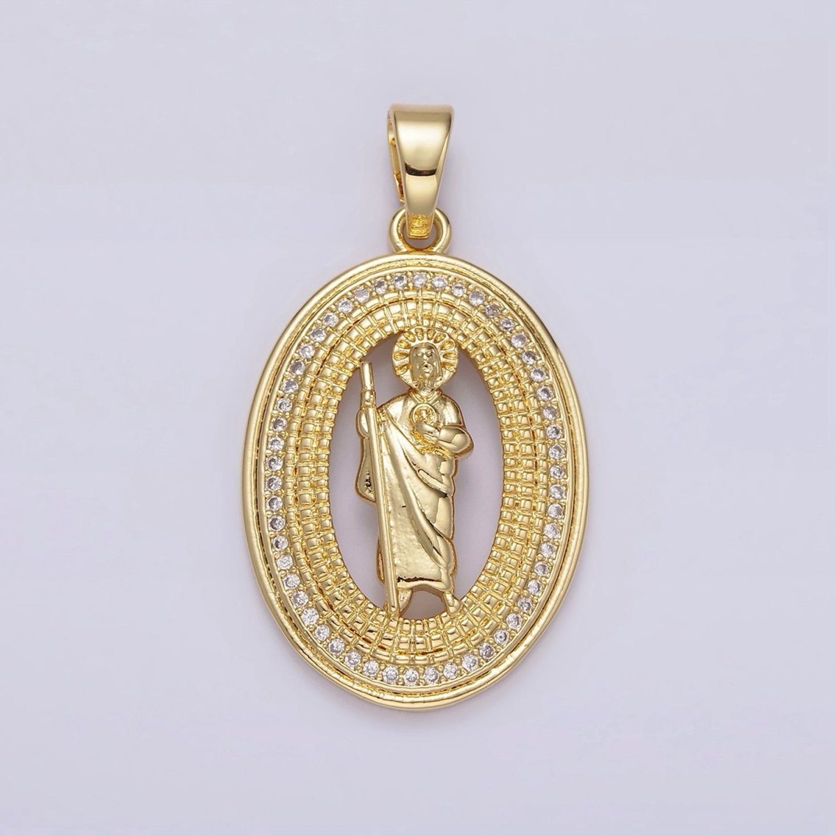14K Gold Filled Saint Jude Open Beaded Clear Micro Paved CZ Oval Pendant | N1285