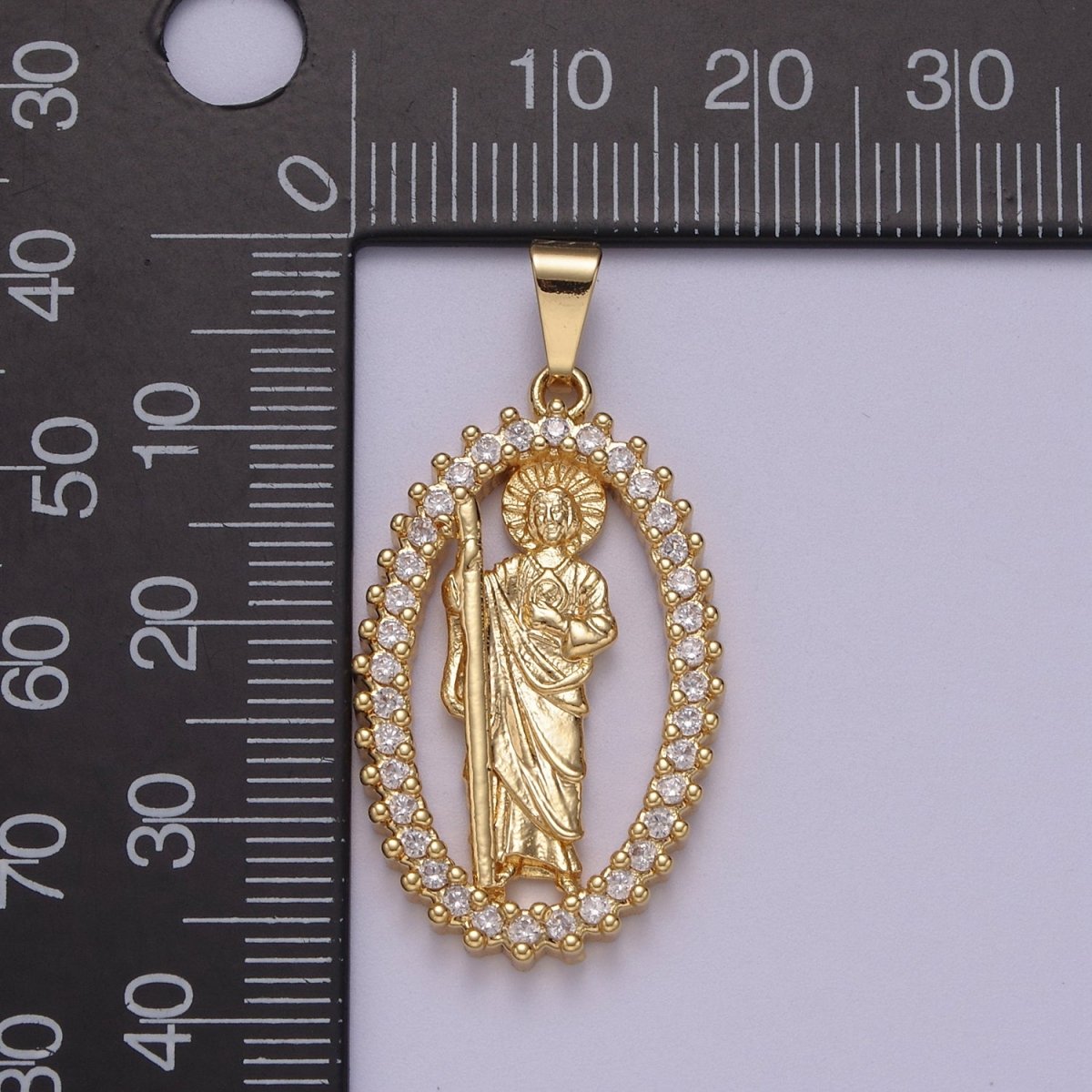14K Gold Filled Saint Jude Pendant Saint of Hope in Clear Crystal Cubic Zirconia Charm N-612