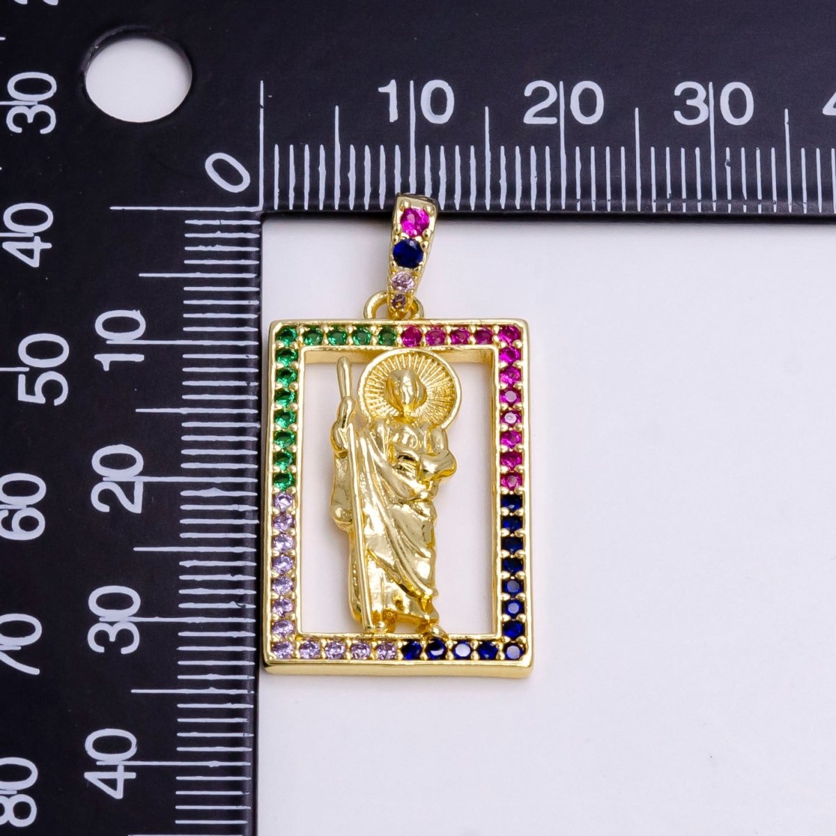 14K Gold Filled Saint Jude Religious Figure Open Multicolor Micro Paved CZ Rectangular Pendant | N1457