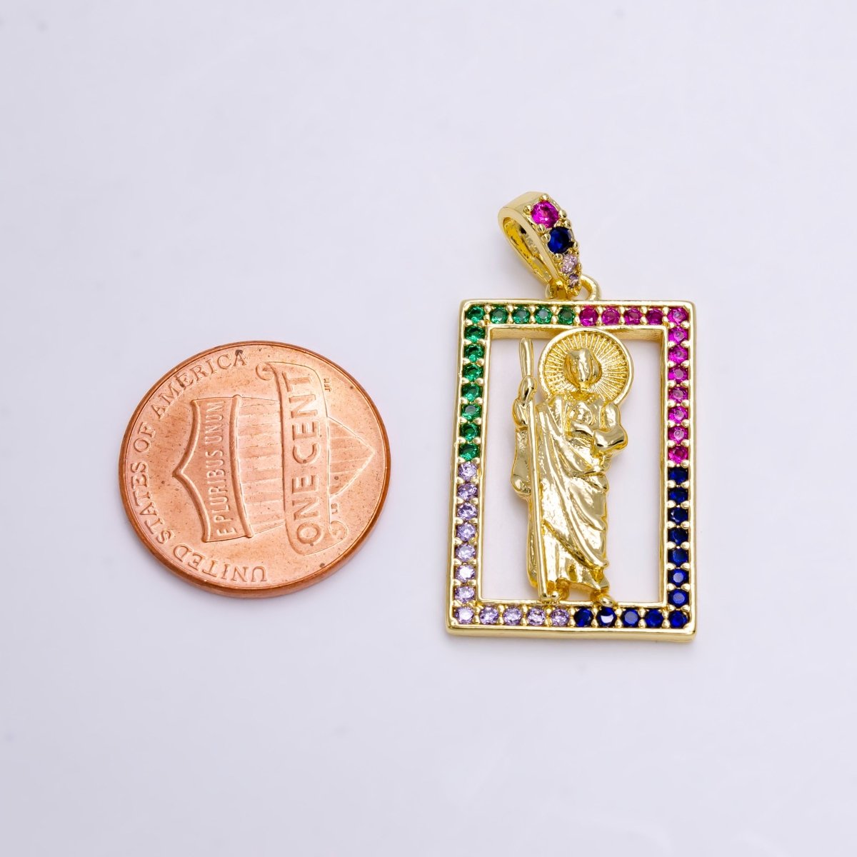 14K Gold Filled Saint Jude Religious Figure Open Multicolor Micro Paved CZ Rectangular Pendant | N1457