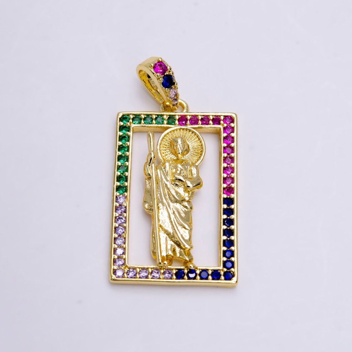 14K Gold Filled Saint Jude Religious Figure Open Multicolor Micro Paved CZ Rectangular Pendant | N1457