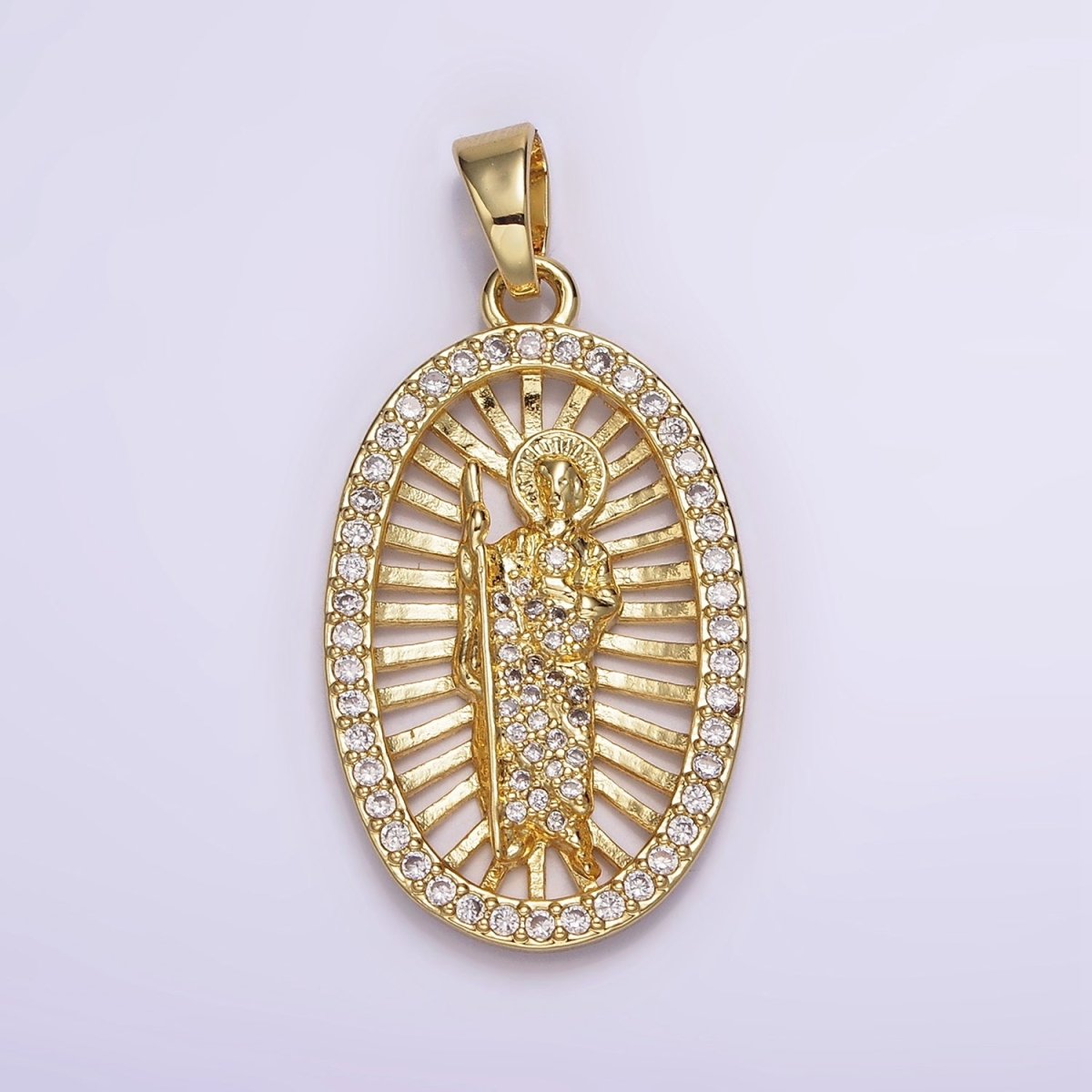 14K Gold Filled Saint Jude Religious Open Bar Lined Micro Paved CZ Oval Pendant | N1784