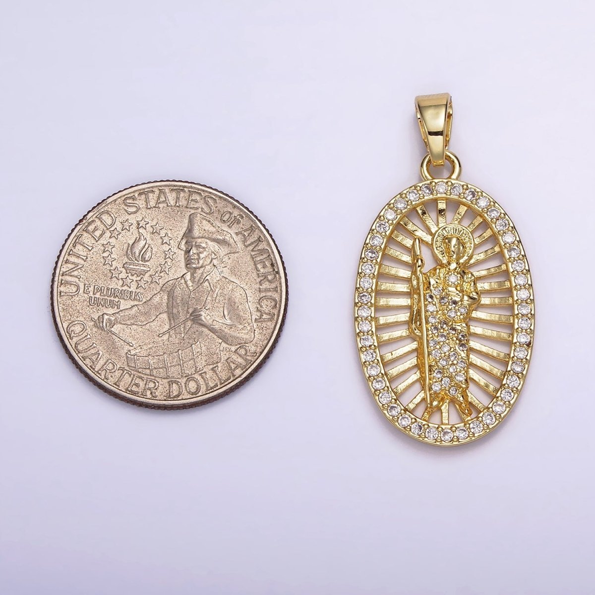 14K Gold Filled Saint Jude Religious Open Bar Lined Micro Paved CZ Oval Pendant | N1784