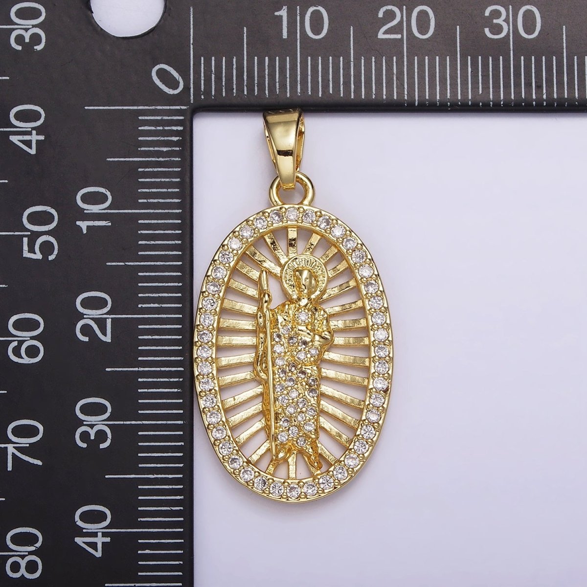 14K Gold Filled Saint Jude Religious Open Bar Lined Micro Paved CZ Oval Pendant | N1784