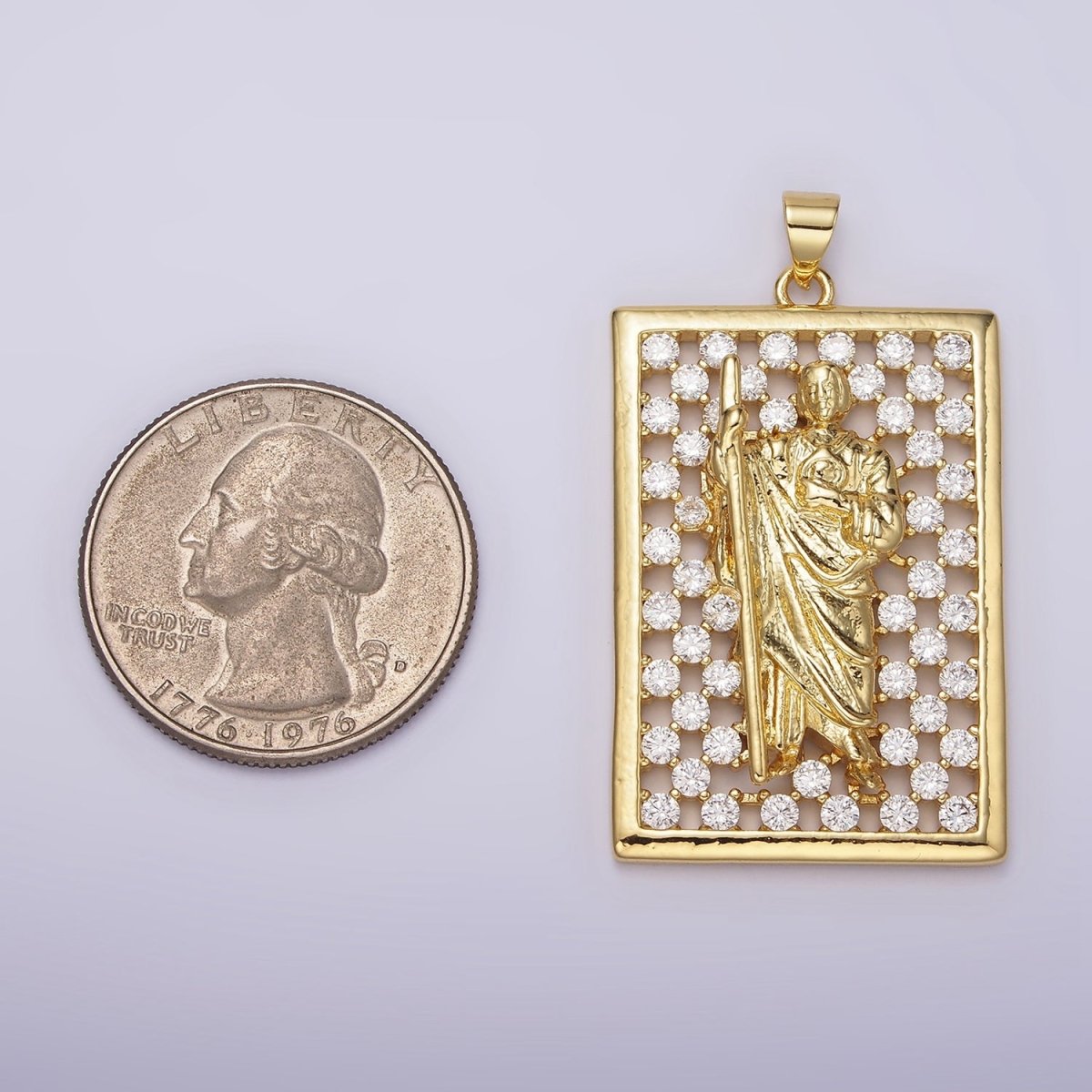 14K Gold Filled Saint Jude Religious Open Clear CZ Checkered Rectangular Tag Charm | N1948