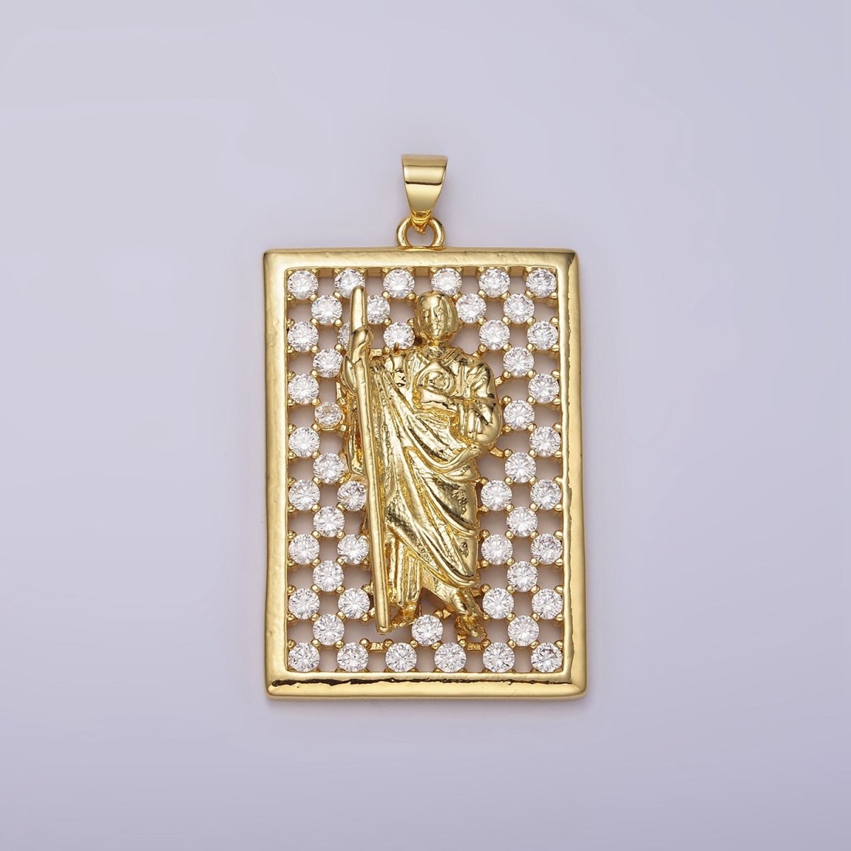 14K Gold Filled Saint Jude Religious Open Clear CZ Checkered Rectangular Tag Charm | N1948