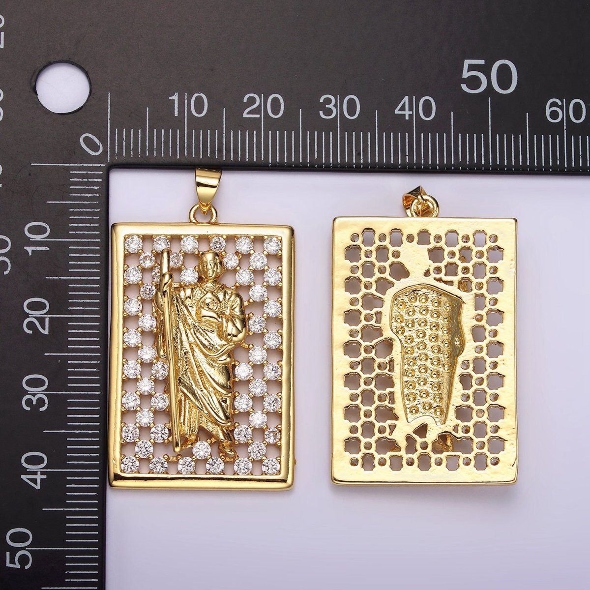 14K Gold Filled Saint Jude Religious Open Clear CZ Checkered Rectangular Tag Charm | N1948