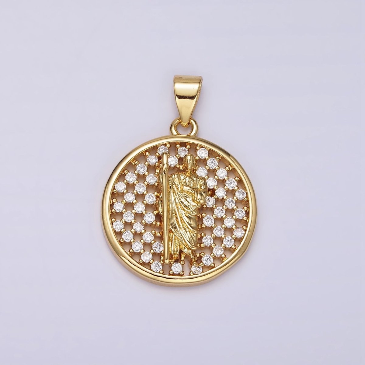 14K Gold Filled Saint Jude Religious Open Clear CZ Checkered Round Charm | N1946