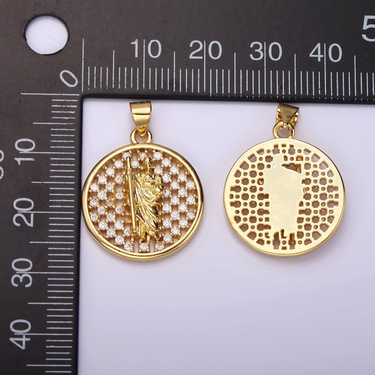 14K Gold Filled Saint Jude Religious Open Clear CZ Checkered Round Charm | N1946
