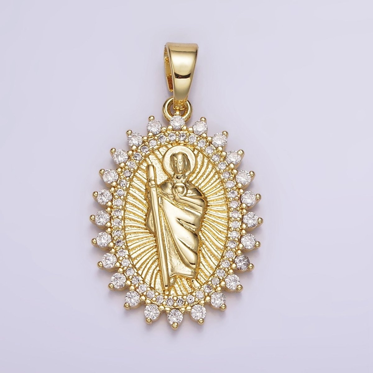 14K Gold Filled Saint Jude Religious Swirl Lined Clear Micro Paved CZ Dotted Oval Pendant | N1785