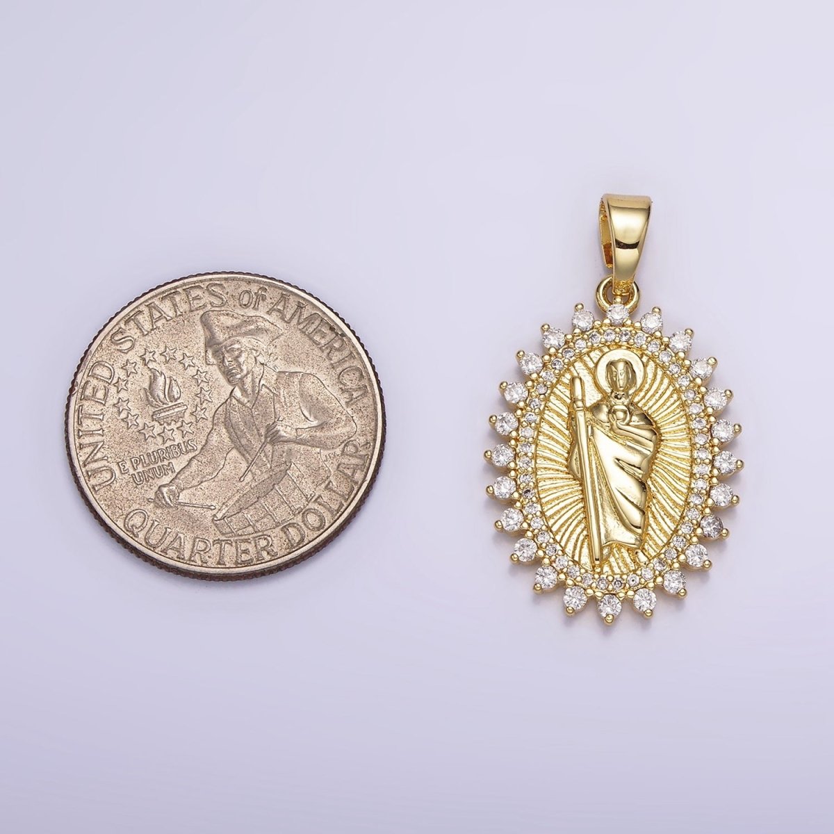 14K Gold Filled Saint Jude Religious Swirl Lined Clear Micro Paved CZ Dotted Oval Pendant | N1785