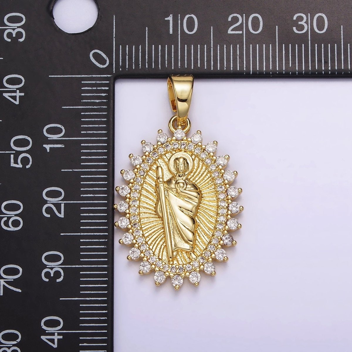 14K Gold Filled Saint Jude Religious Swirl Lined Clear Micro Paved CZ Dotted Oval Pendant | N1785