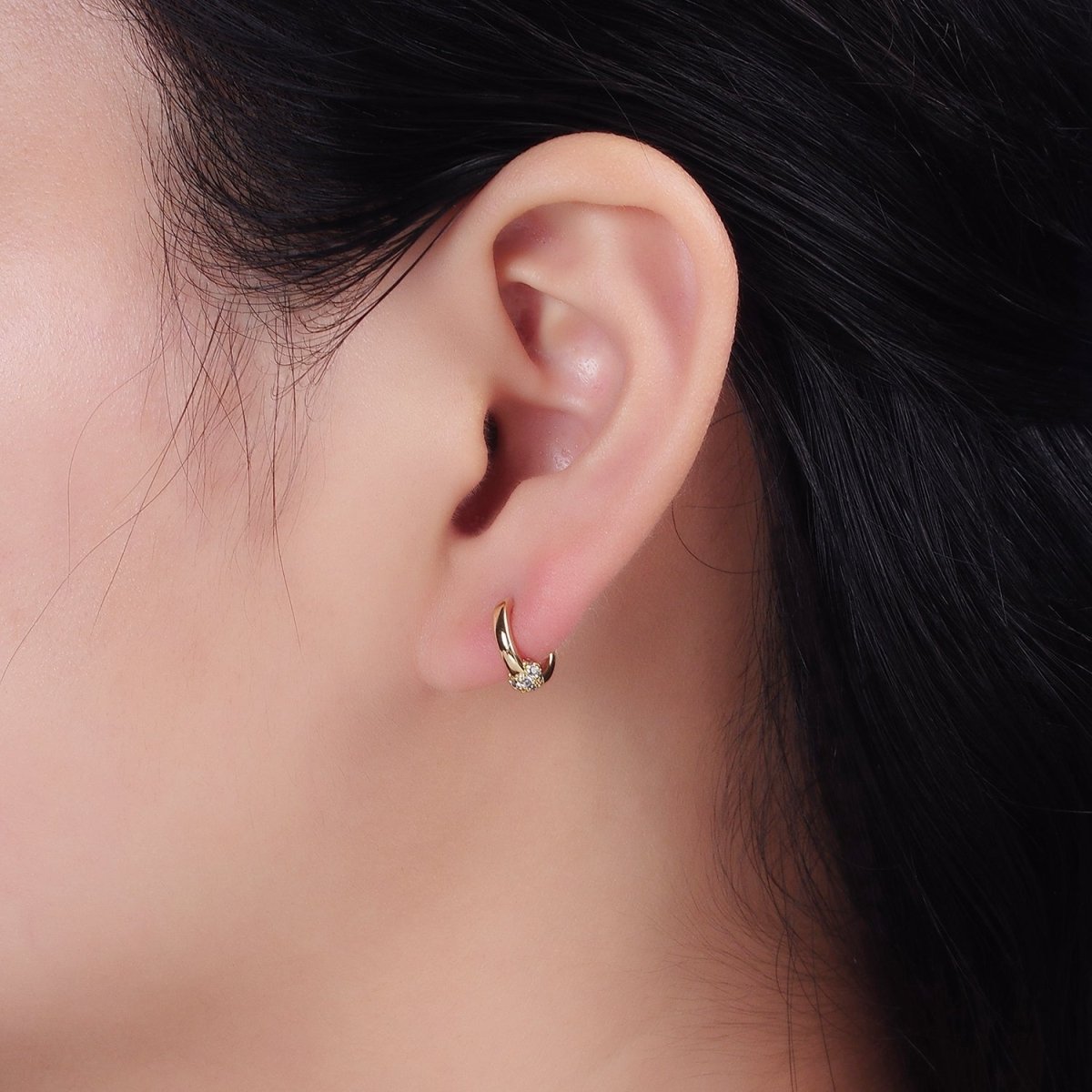 14K Gold Filled Shambala Bead CZ Micro Paved 10mm Cartilage Huggie Earrings | AE747