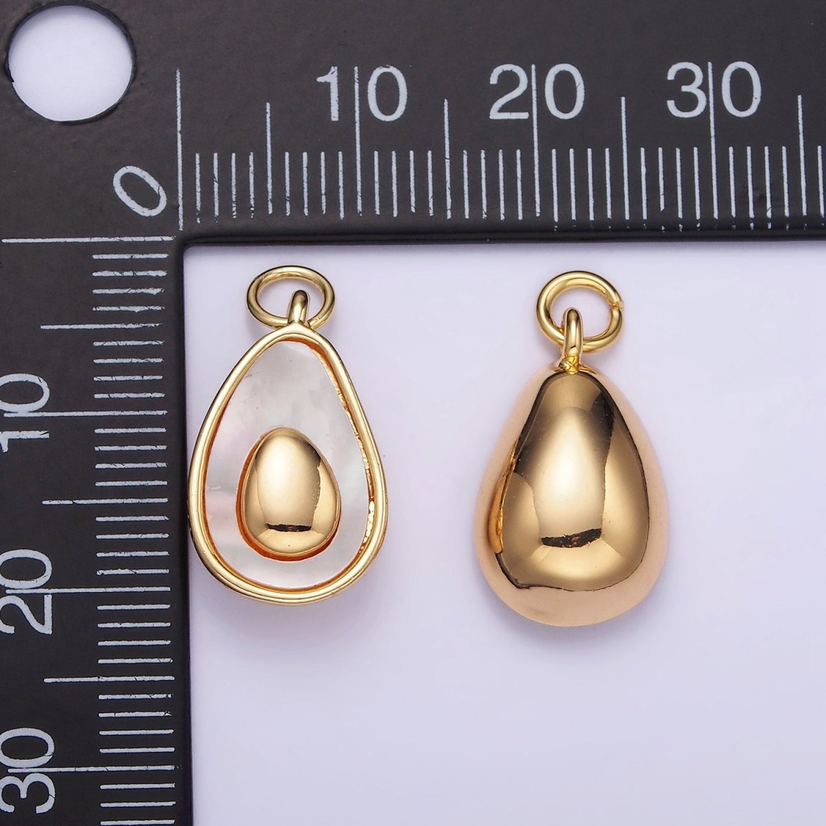 14K Gold Filled Shell Pearl Avocado Double Abstract Teardrop Bezel Charm | W504